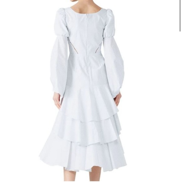 Jonathan Simkhai gingham poplin white plaid high low ruffle dress puff sleeves - Picture 2 of 11